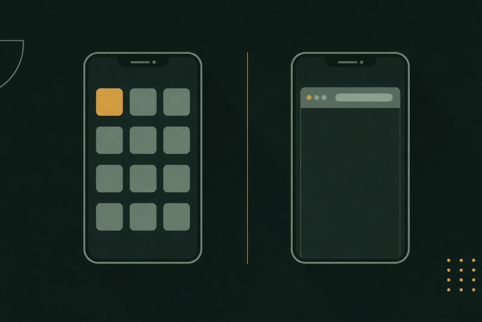 Casino app versus mobile browser — CKBD Guide Illustration: two phones side by side, one showing an app icon grid and one showing a mobile browser